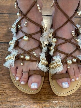 Mystique Boutique Brown Pearl-Embellished Lace-Up Gladiator Sandals